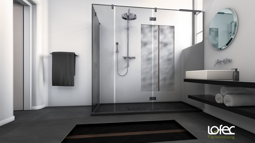 Lofec Flächenheizung - hier als Zusatzheizung für Bad und Dusche in Wand und Boden - Quelle: Lofec GmbH
