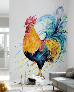 Hingucker im Wohnzimmer - Fototapete mit prächtig buntem Hahn - © Photowall, Scheiterhaufen