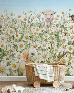 Fototapete Küken mit anderen Tieren in der Blumenwiese - © Photowall, Bauernhoftiere